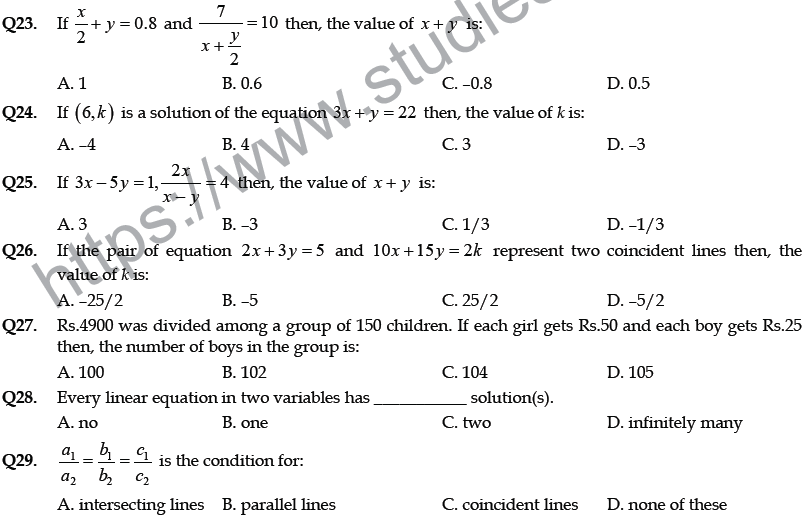 Cbse Class 10 Mathematics Pairs Of Linear Equations In Two Variables Mcqs Multiple Choice Questions 5642